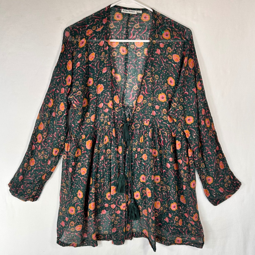 Roller Rabbit Green Floral Cotton Tassel Tie Tunic Top Boho Long Sleeve Large